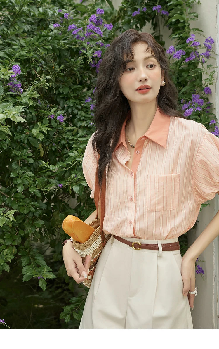 MISHOW Hong Kong Retro Pink Striped Shirt Bubble Sleeve Lapel MXD28C0250