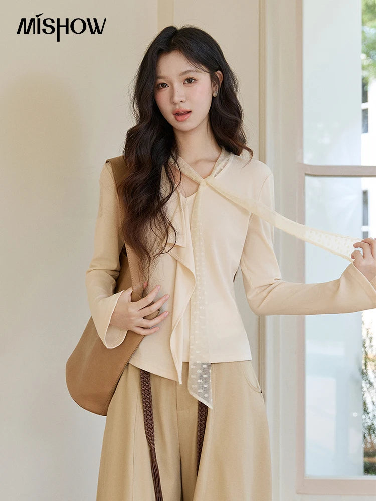 Mishow V-Neck Lace Ribbon Flare Sleeve Top MXF108Z1016