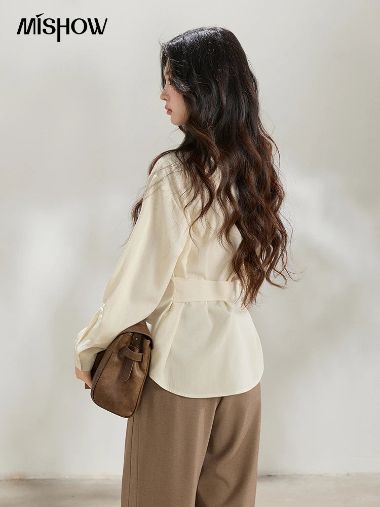 MISHOW Lapel Collar Shirt with Belted Waist Soft Beige MXF13C2452