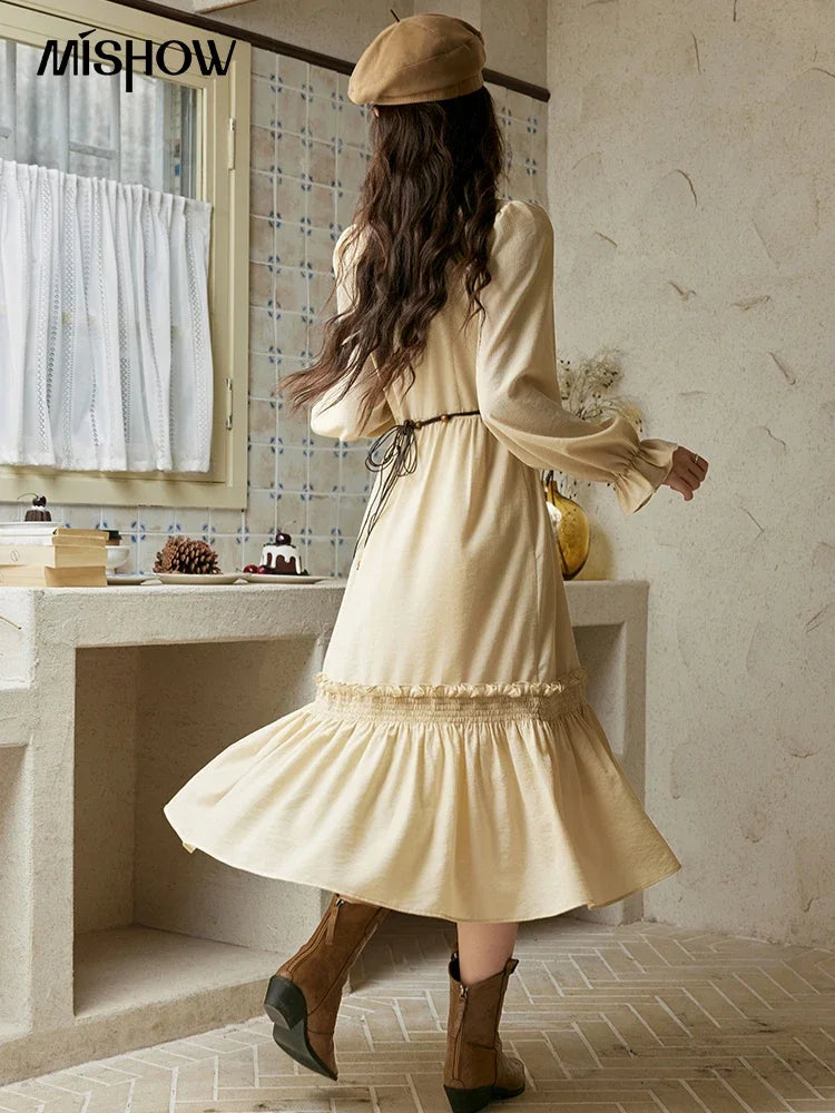 Mishow French Stand Neck Lotus Leaf Sleeve Dress MPD42L2036