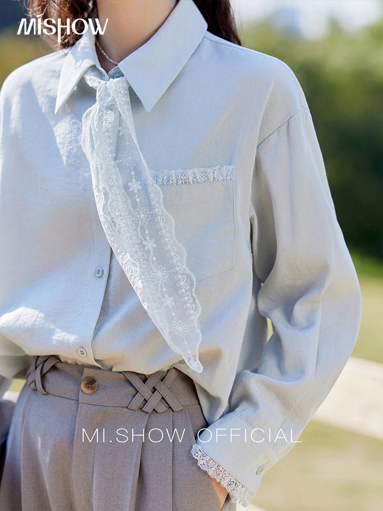 MISHOW Lace Trim Blouse Turn-Down Collar MXE16C0760