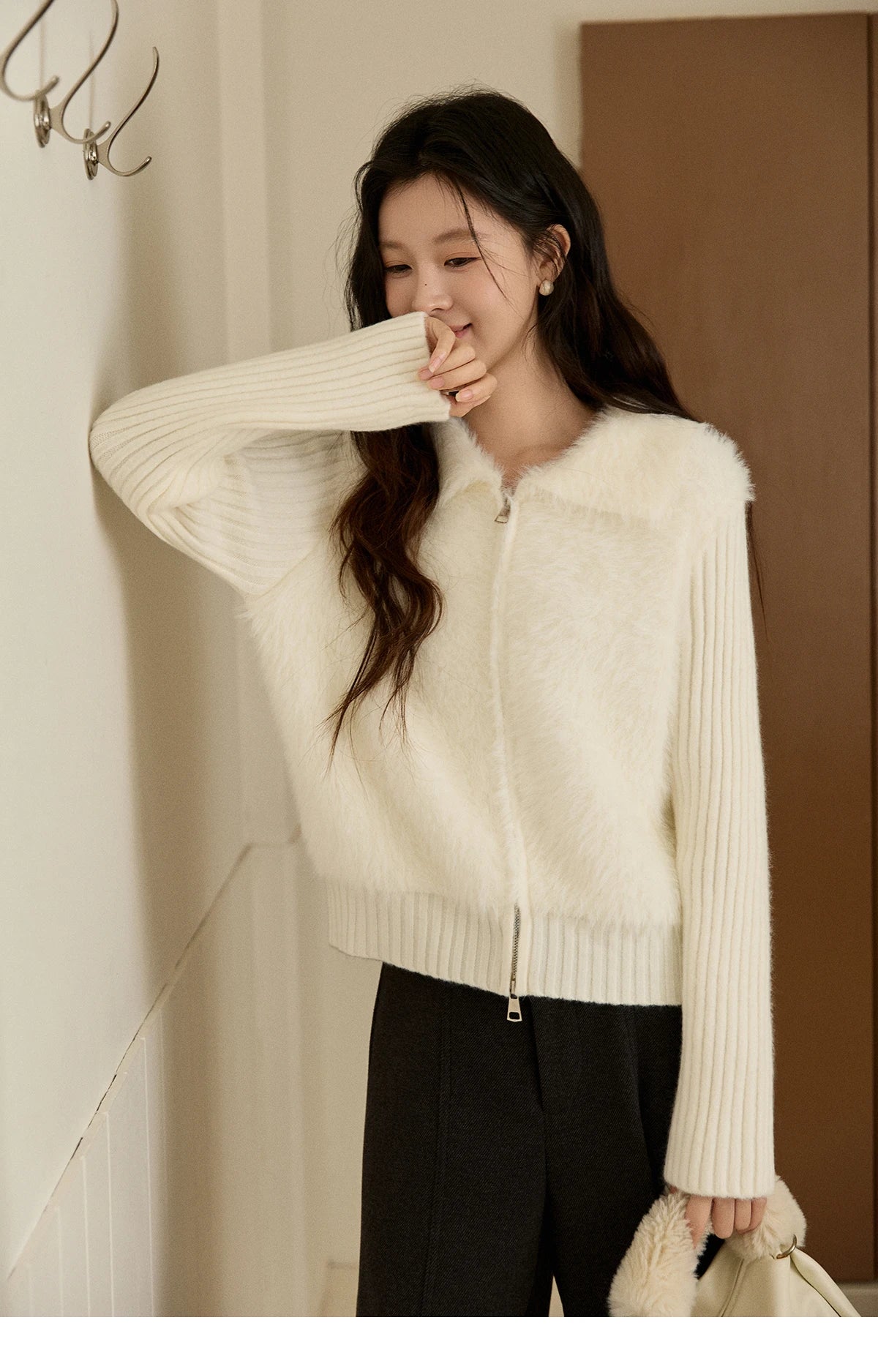 Mishow White Faux Fur Fake Two-Piece Zipper Cardigan MXE94Z2992