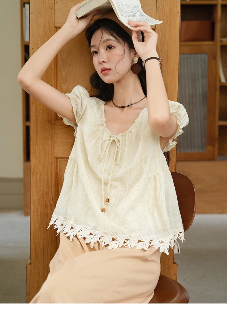 MISHOW French Round Neck Lace Up Blouse Embroidery Puff Sleeve MXE39X1956