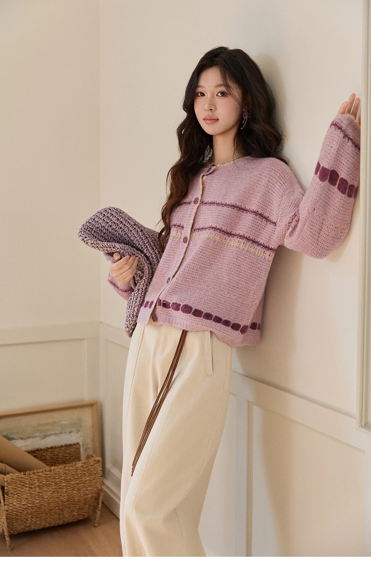 Mishow Lilac Striped Dot Crew Neck Cardigan MXF11Z2897