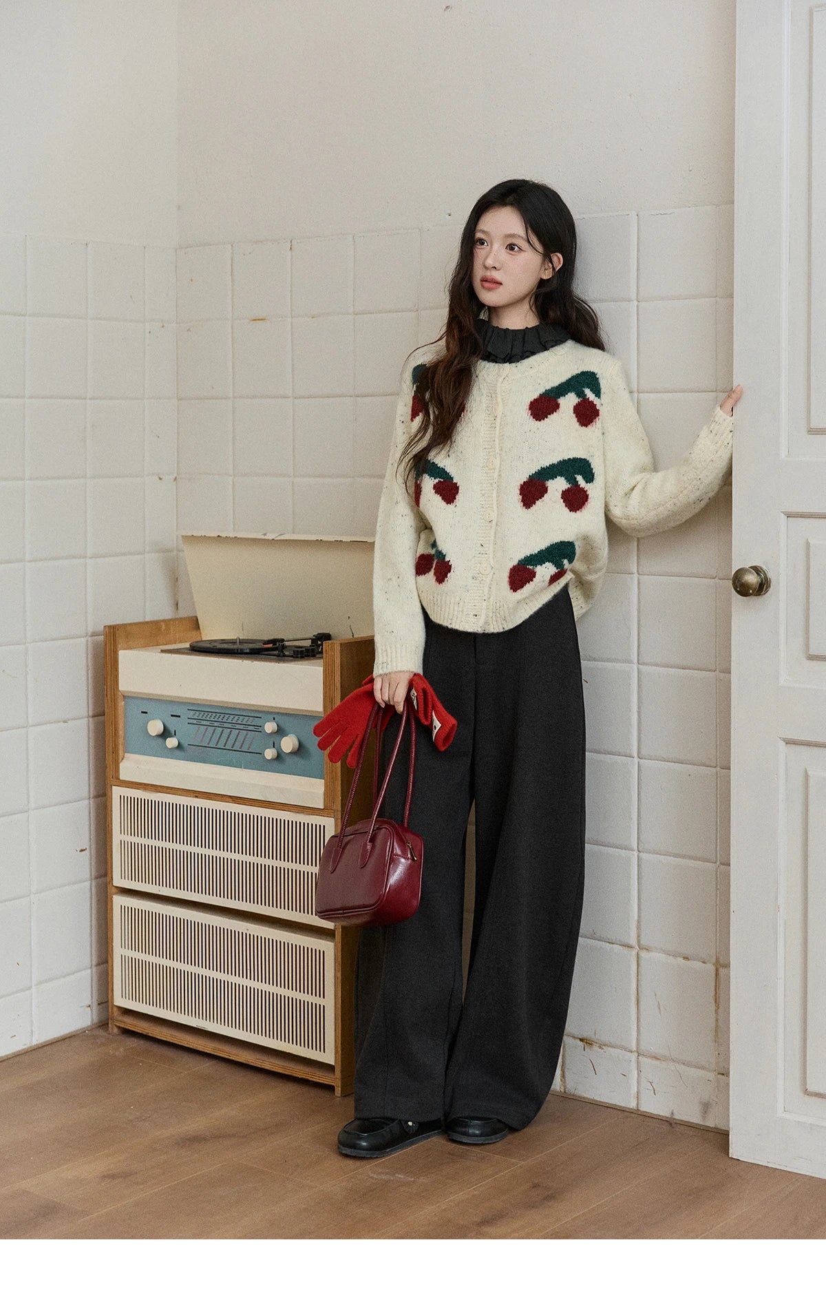 Mishow Cherry Jacquard Flecked Drop Shoulder Cardigan MXE91Z2837