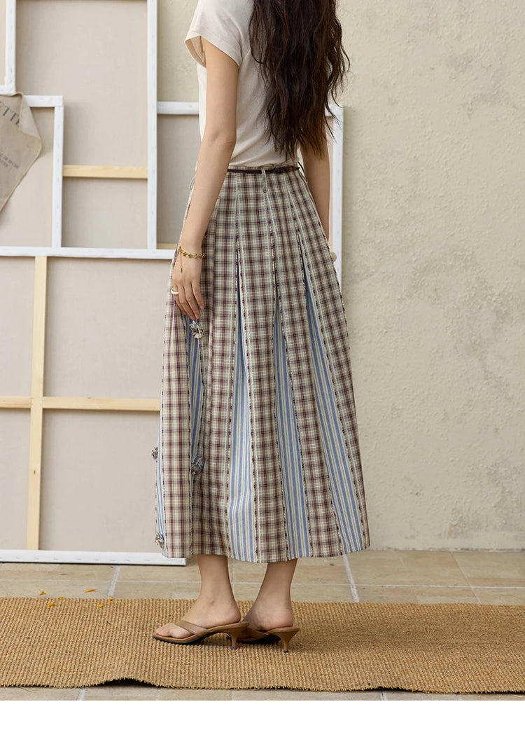 MISHOW Retro Plaid Patchwork Pleats Skirt A-LINE Slim MXE35B0726
