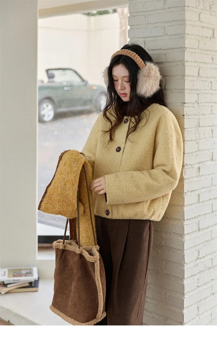 MISHOW Brown Wool Quilted Coat Round Neck Short Loose MXE87W0935