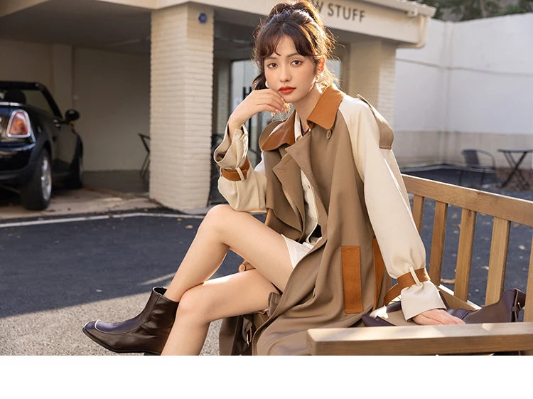 Mishow Khaki Contrast Color Spliced Trench Coat MXB31W0367