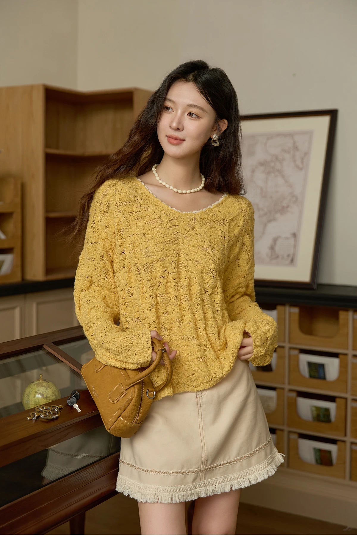 Mishow Bamboo Loop Yarn Hollow V-Neck Lace Sweater MXE43Z1349