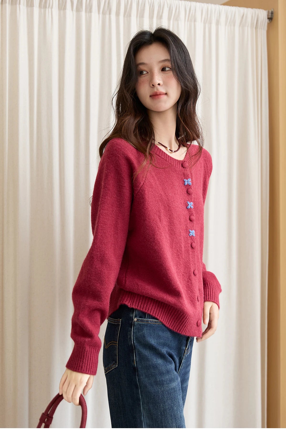 Mishow Red Round Neck Embroidered Cardigan MXE47Z2621