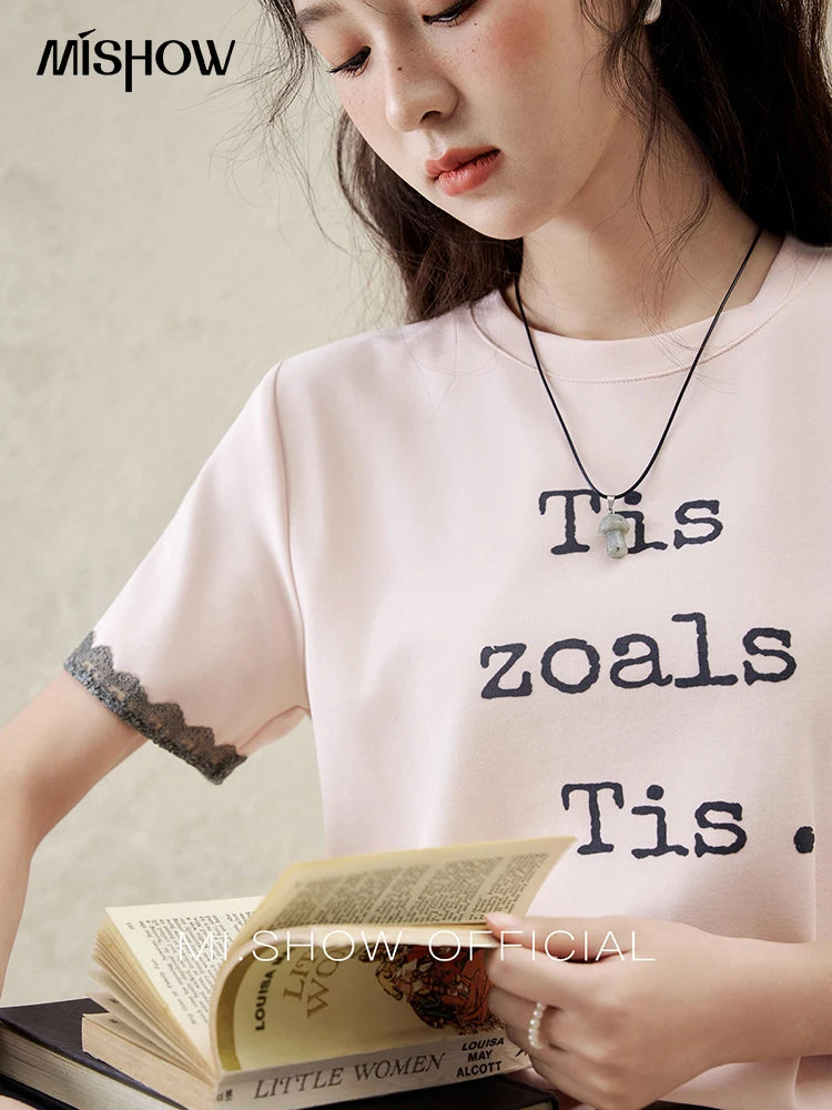 Mishow Pink Letter Print Lace Trim Tee MXE32T0529