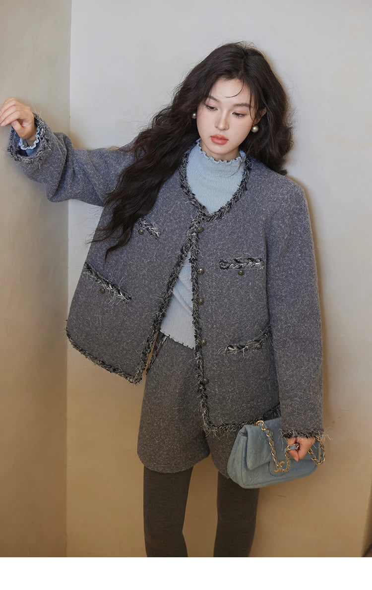 Mishow Plaid Tweed Jacket & Solid Shorts Set MXD35W0489