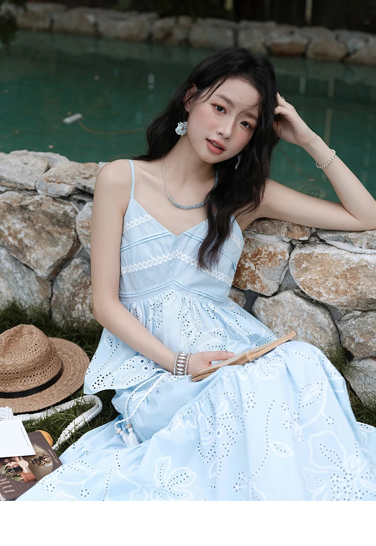 Mishow Strap V-Neck Embroidery Top & Drawstring Skirt Set MXE34T0624