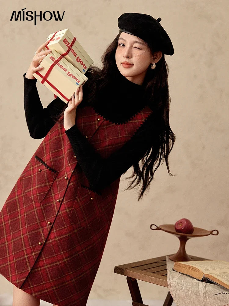 Mishow Plaid Square Neck Woolen Vest Dress MXD58L2078