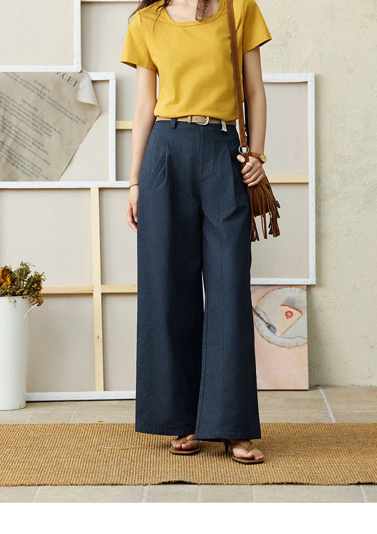 MISHOW Dark Blue High Waist Wide-Leg Pants Slimming Straight MXE31K0902