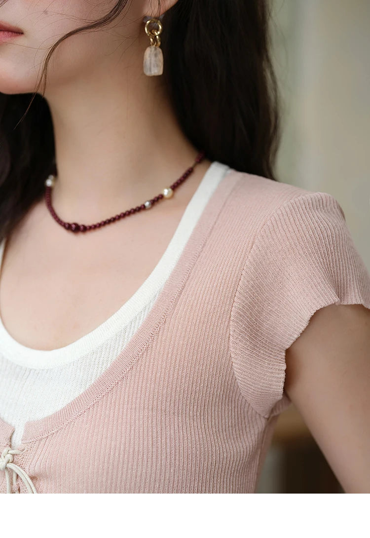 Mishow Round Neck Patchwork Flying Sleeve Lace Up Top MXE37Z1278