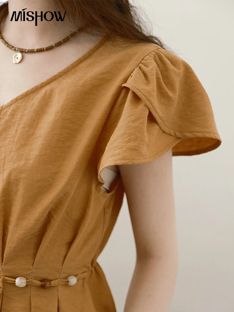 MISHOW Petal Sleeve Slim Shirt V-Neck Bead Belt MXE39X1881
