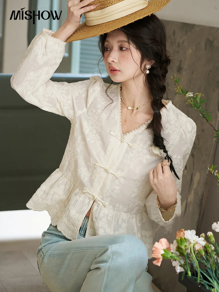 MISHOW Chinese Lace Blouse V-Neck Embroidery MXD14X1433