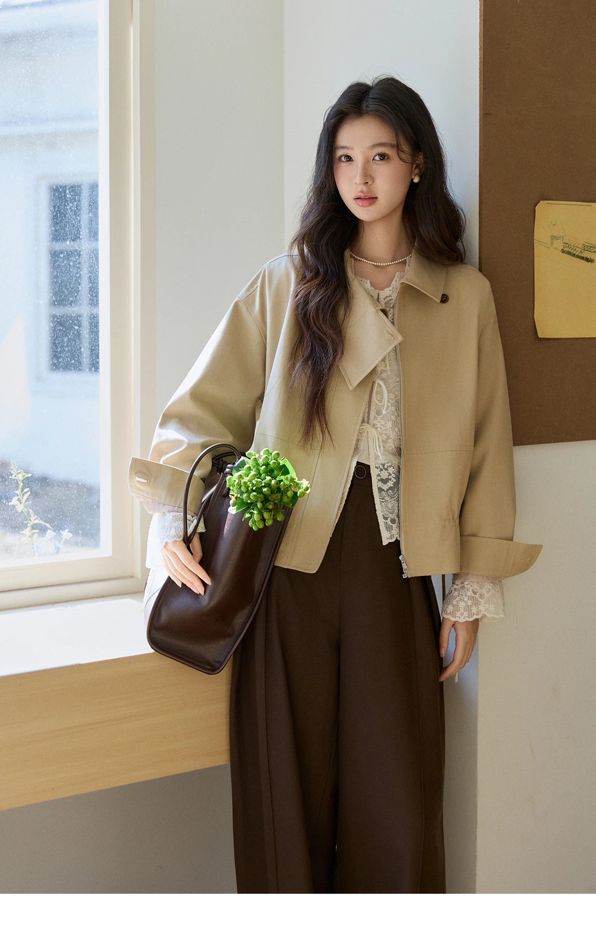 MISHOW Khaki Cropped Jacket Asymmetrical Collar Drawstring Waist MXF11W1029