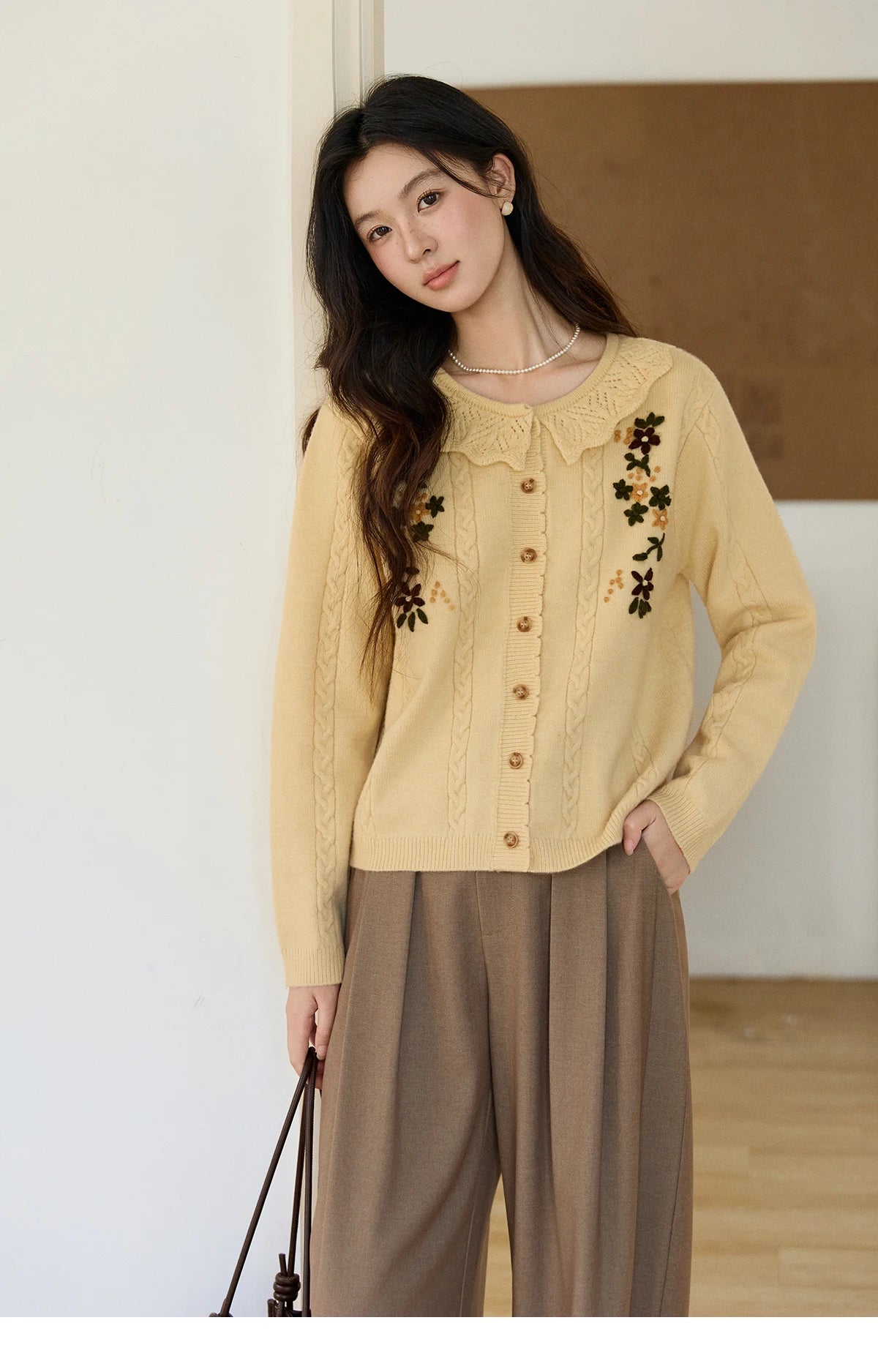 Mishow Peter Pan Collar Floral Cable Cardigan MXF11Z2904