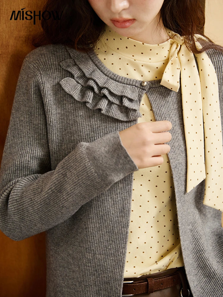 Mishow Gray Ruffled Collar Floral Yarn Cardigan MXE45Z1378