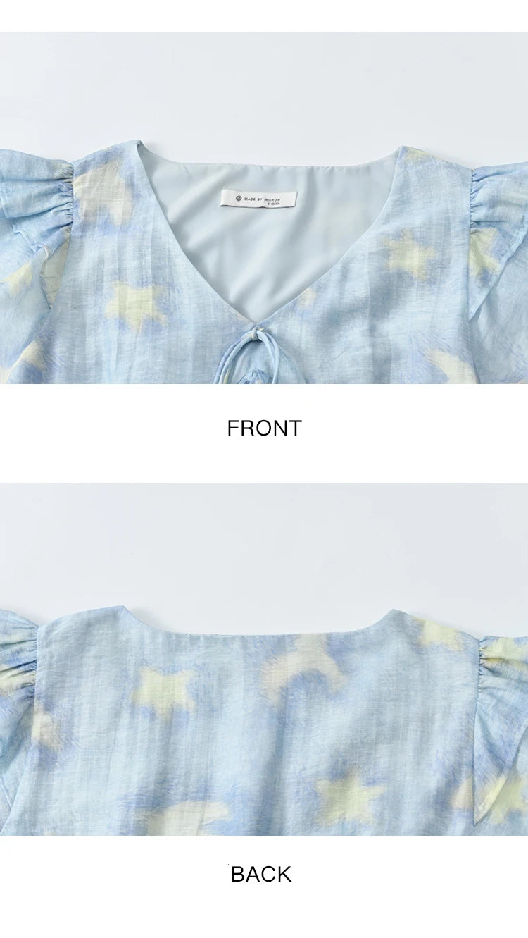 MISHOW Women's Blue Double-Layer Ruffled Linen V-Neck Blouse MXE33X1819