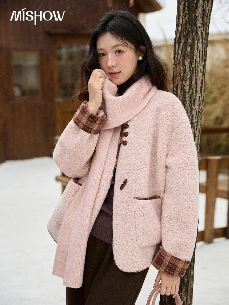 Mishow Plaid Patchwork Lamb Wool Round Neck Coat MXE90W0923