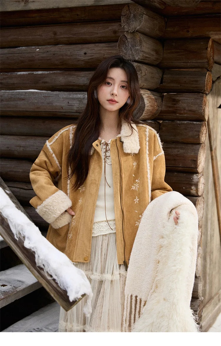 MISHOW Floral Embroidered Fur Jacket Plush Lapel Zipper MXE87W0918