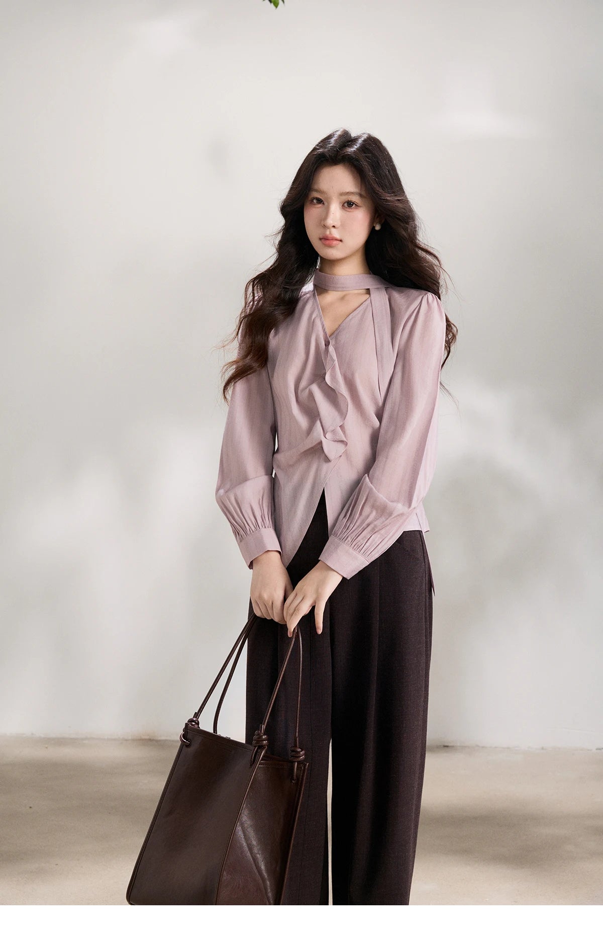 MISHOW Women's Purple Ribbon V-Neck Ruffled Shirt MXF13X2527