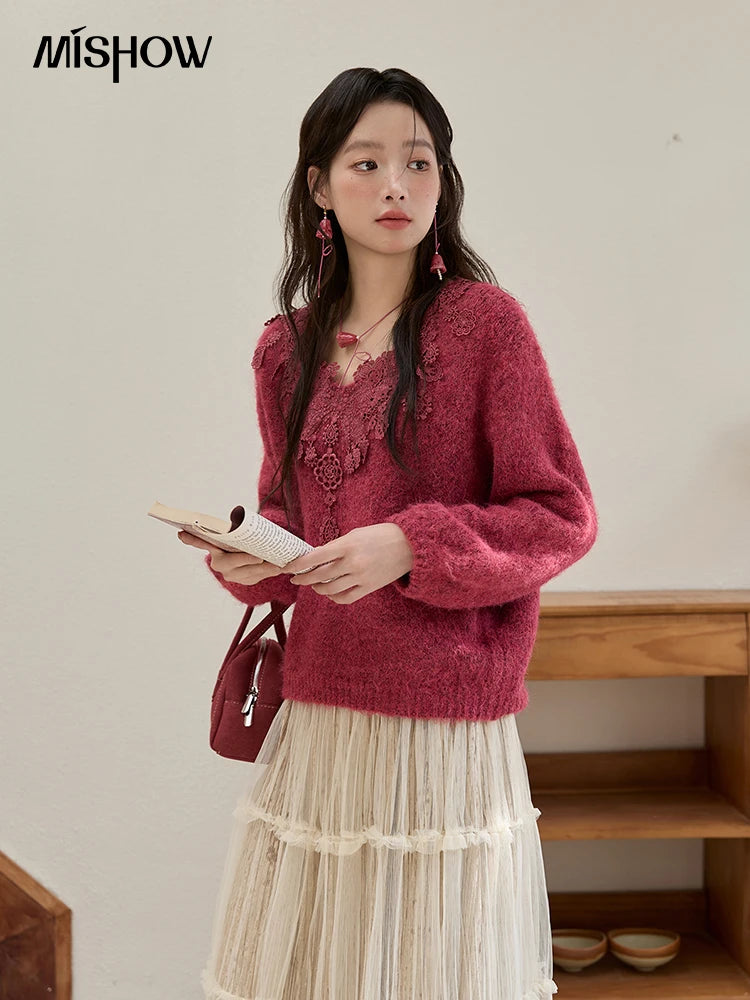 Mishow Pink Lace Wool V-Neck Lantern Sleeve Pullover MXE51Z2632