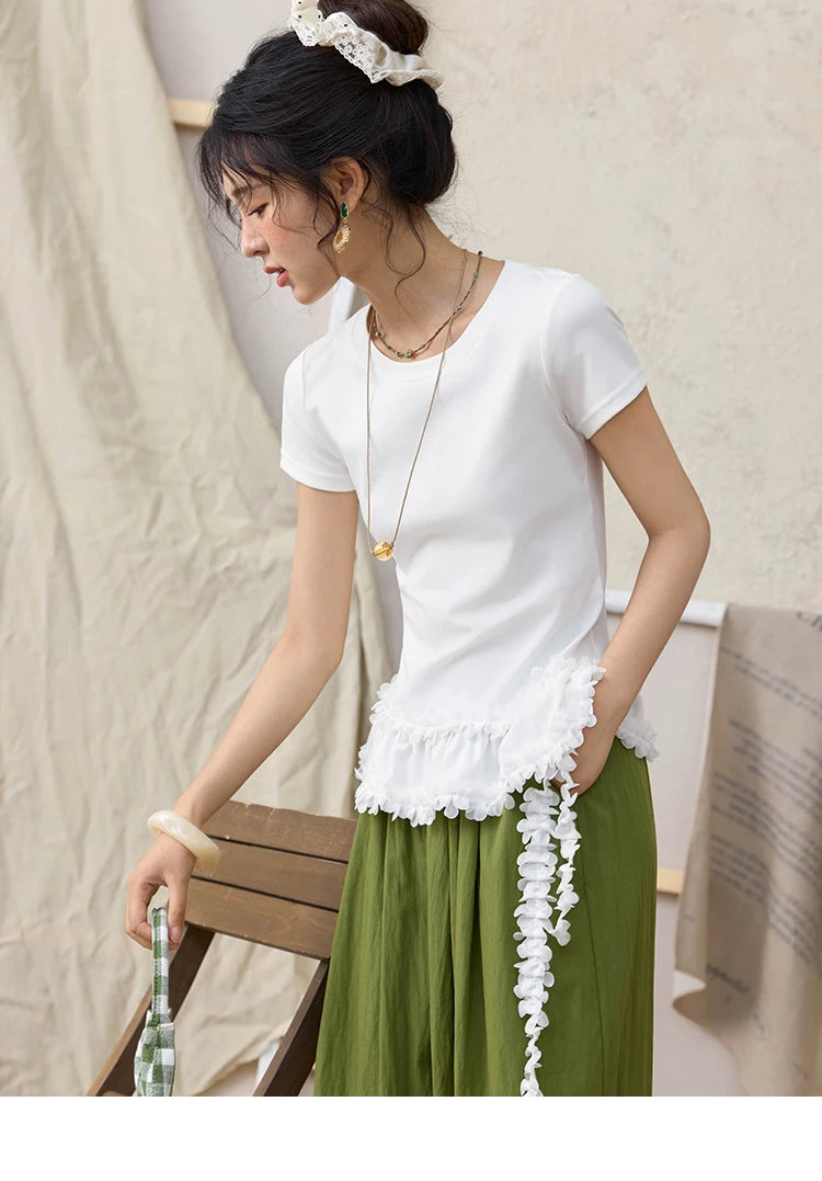 Mishow White Ruffled Tee with Red Lanyard Necklace MXE34T0557