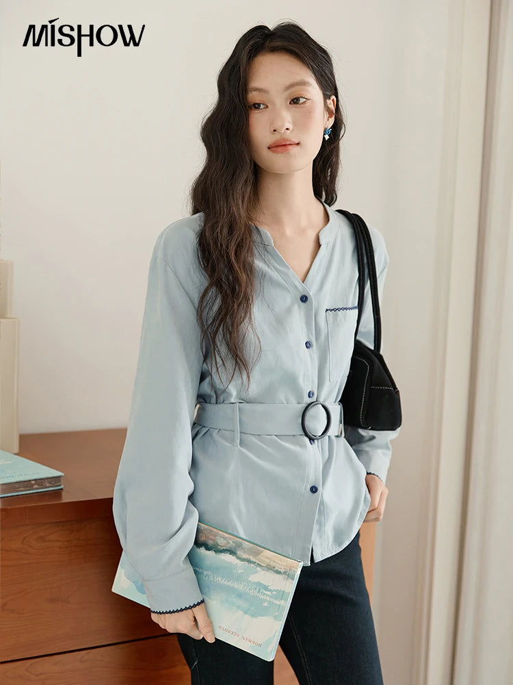 MISHOW Haze Blue Velvet Shirt Contrast Color Waist Sash MXE47X2497