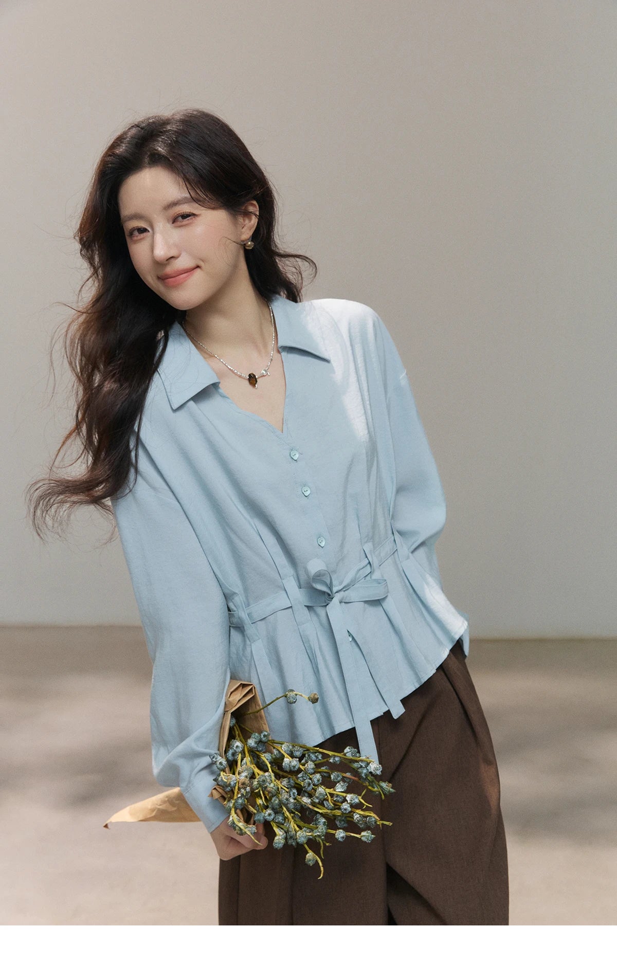 MISHOW Light Blue Lyocell Shirt V-Neck Belted Waist MXF13C2437
