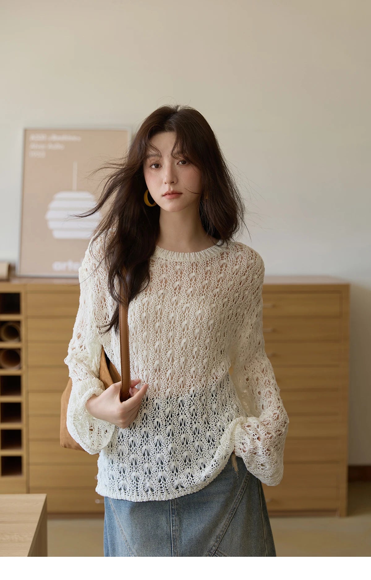 Mishow Hollow Jacquard Dropped Sleeve Sweater MXE43Z1360