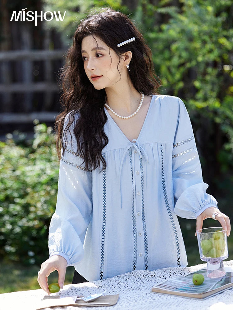 MISHOW Blue V-Neck Shirt Lace-Up Hollow Lantern Sleeve MXE12C0411
