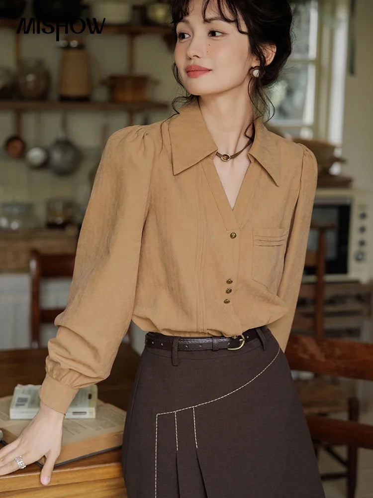 MISHOW French Lapel V-Neck Shirt Retro Button Pockets MXD43C0306