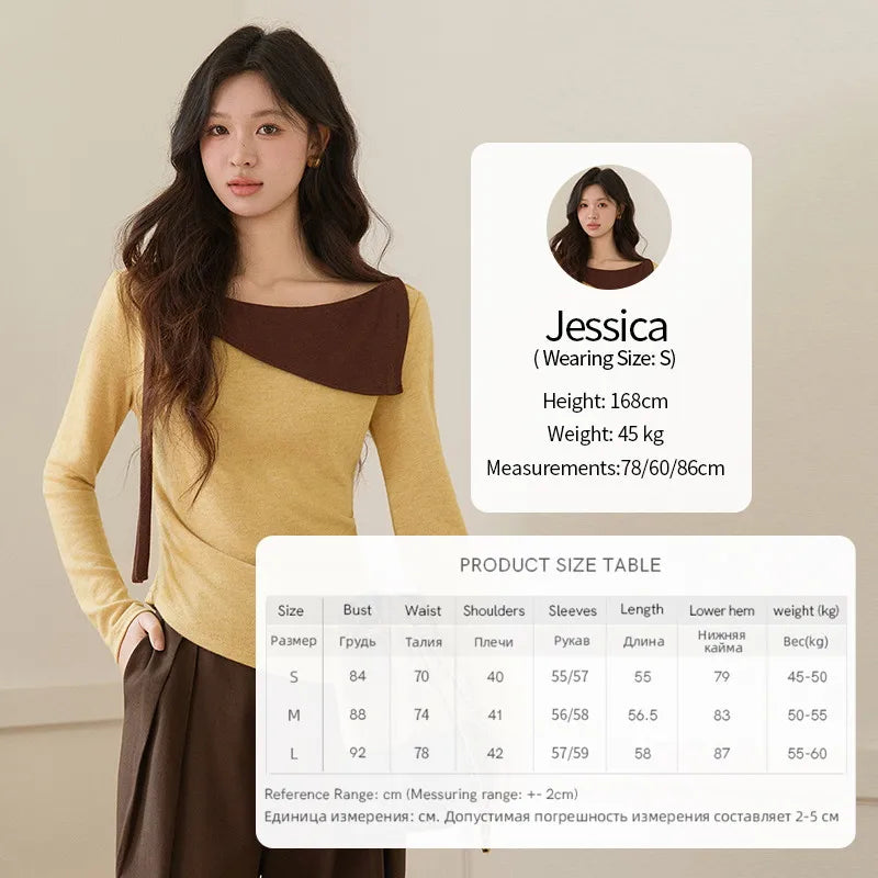 Mishow Yellow Brown Contrast Oblique Collar Knit Top MXF11Z2911