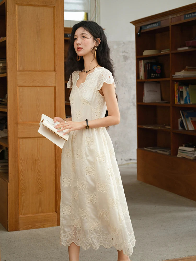 Mishow Flying Sleeve V-Neck Hollow Embroidered Dress MXE39L2404