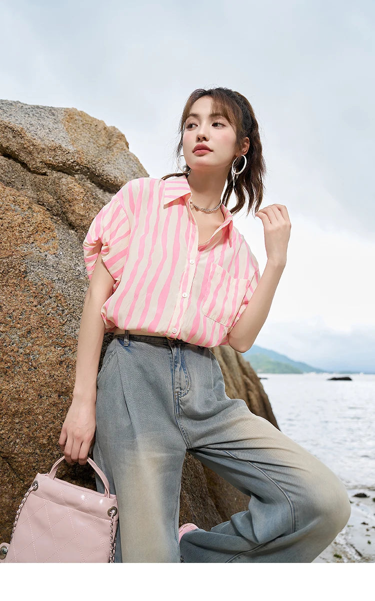 MISHOW Women's Striped Puff Sleeve Polo Neck Shirt MXC38C0072