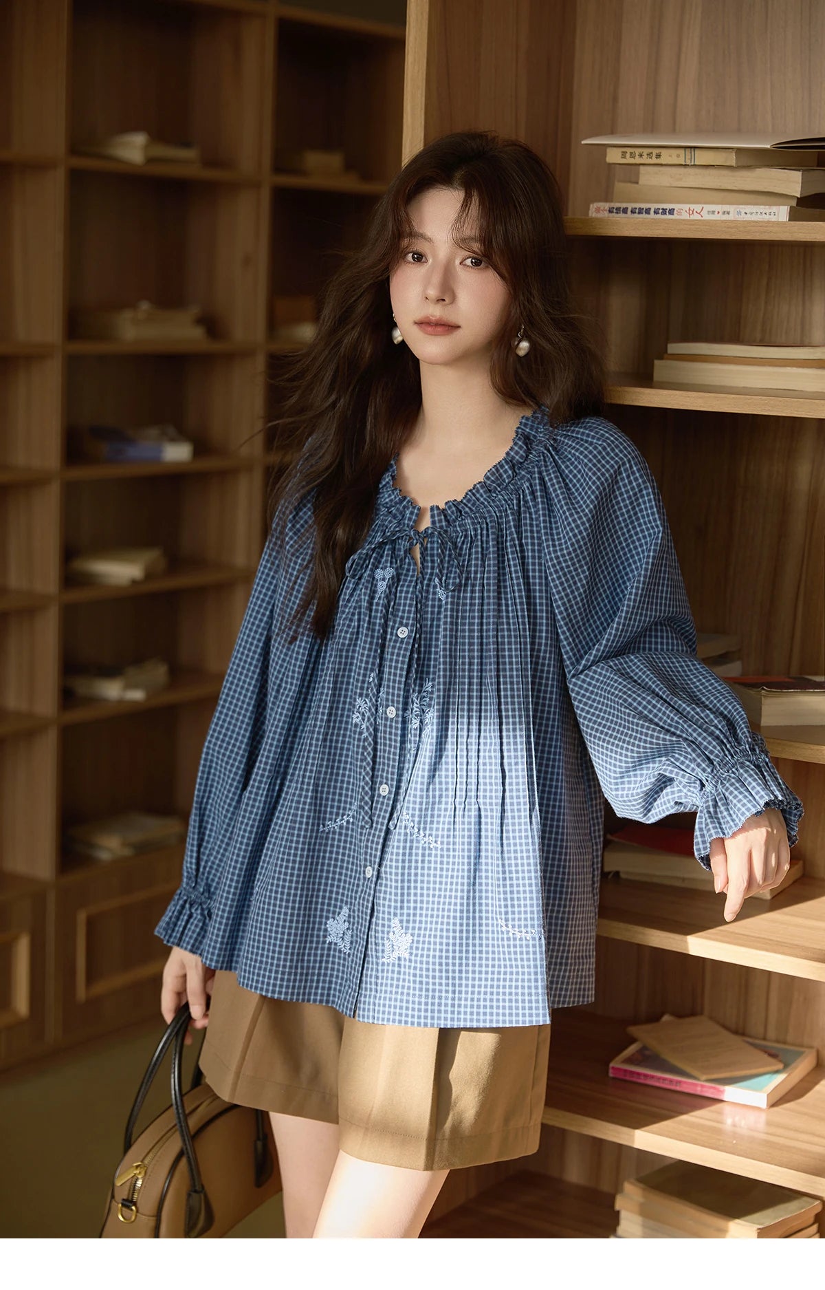 MISHOW Blue Plaid Embroidered Shirt Black Fungus Edge Collar MXE44X2467