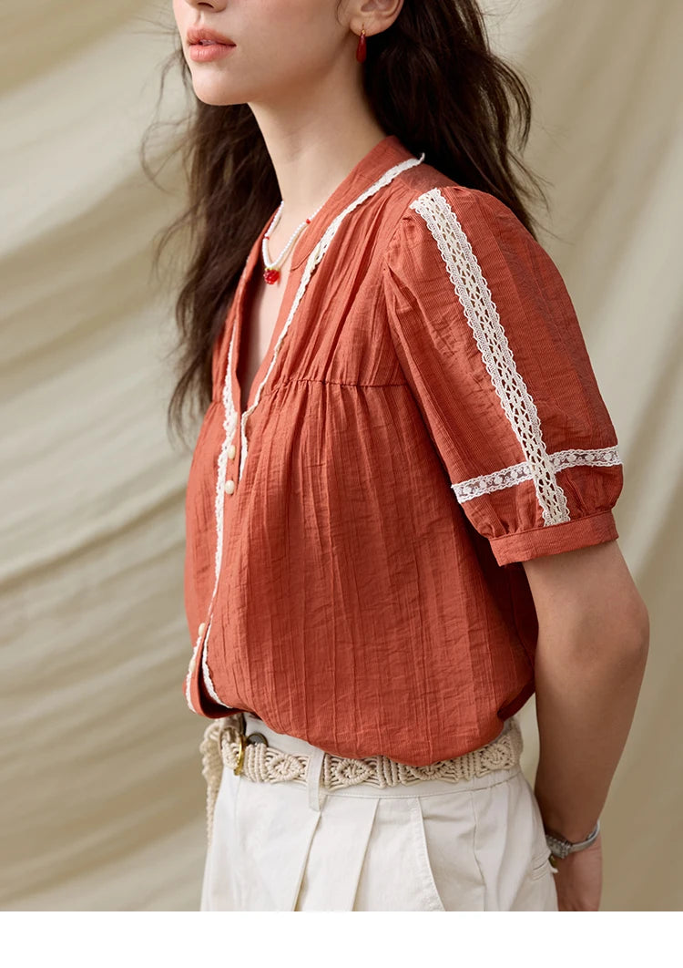 MISHOW French Blouse Women V-Neck Short Sleeve Color Matching Shirt MXE31X1766
