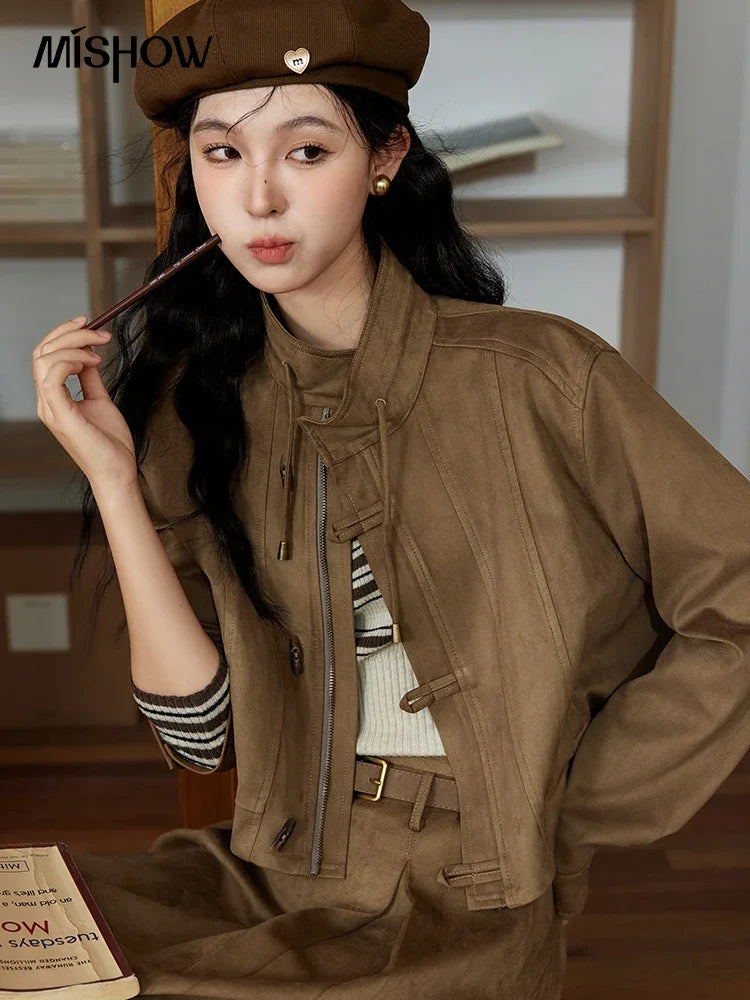 Mishow Retro Suede Stand Collar Jacket & Pleated Skirt Set MXD44W0423