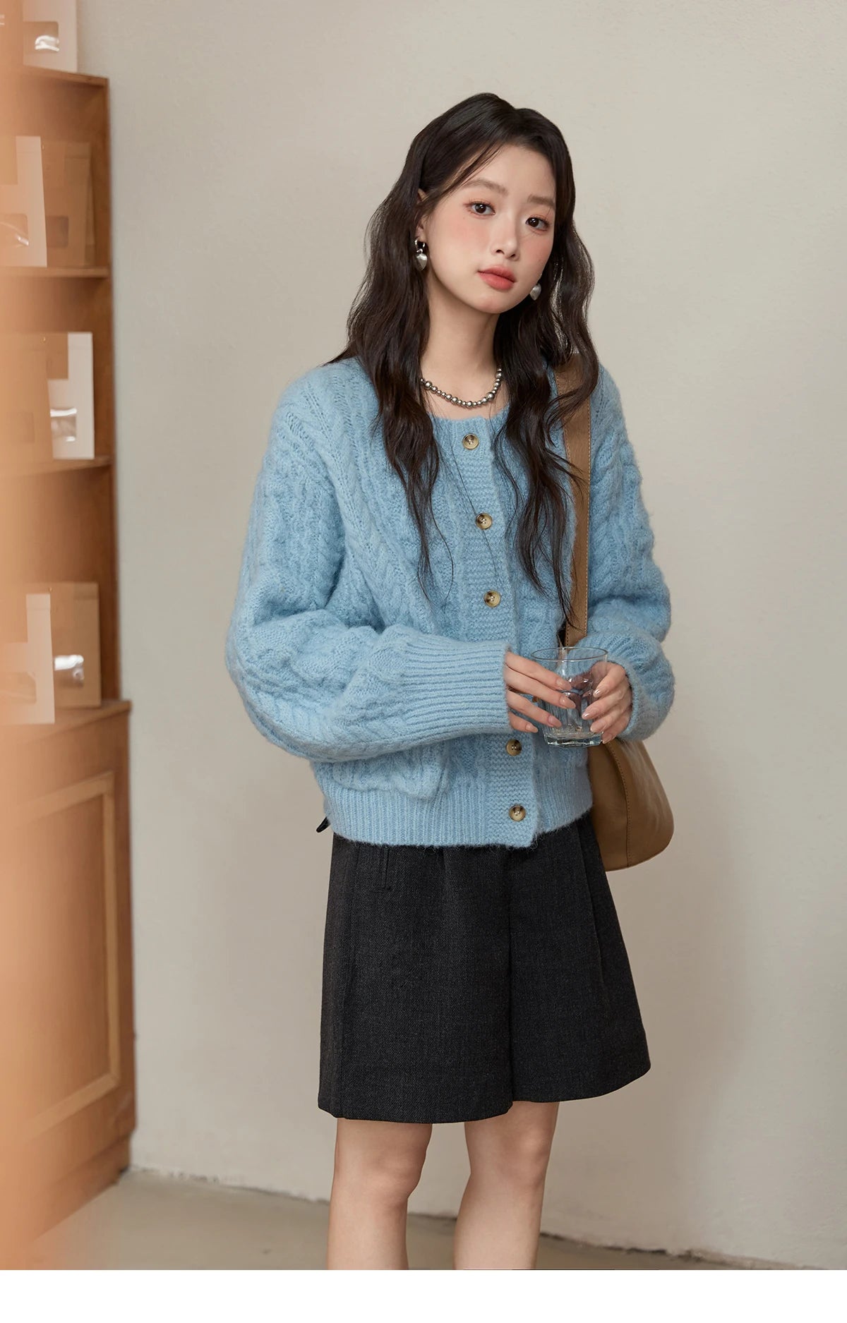 Mishow Light Blue Retro Crew Neck Pocket Cardigan MXE49Z2614