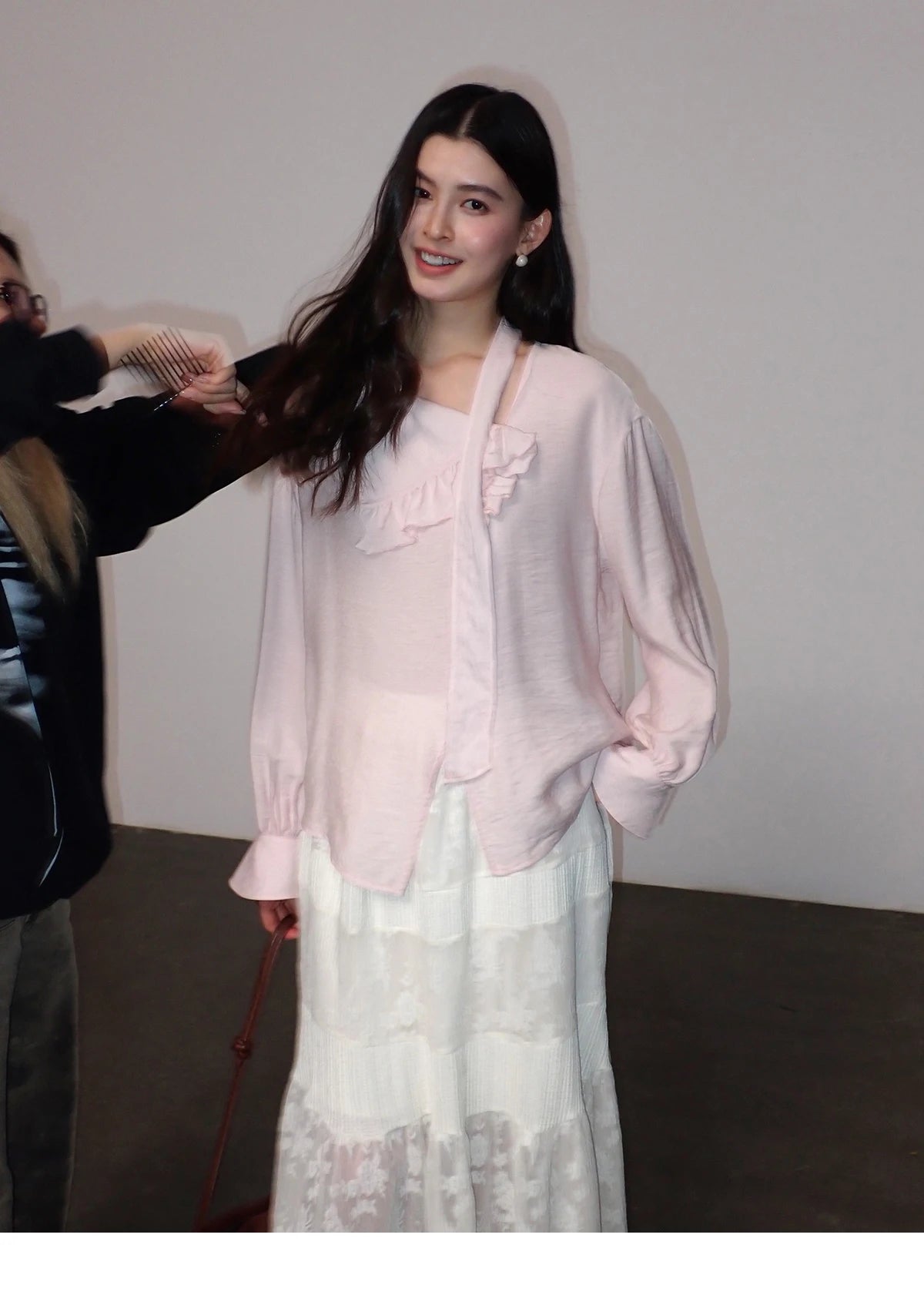 MISHOW Pink Asymmetrical Ruffled Collar Blouse Puff Sleeve MXF11X2520