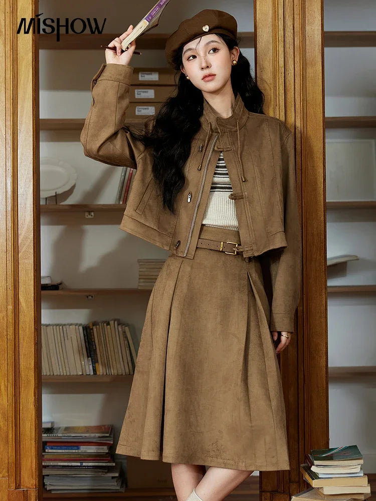 Mishow Retro Suede Stand Collar Jacket & Pleated Skirt Set MXD44W0423