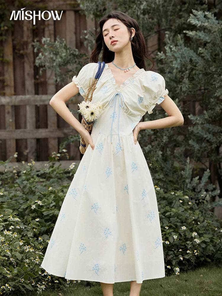 Mishow French Print Puff Sleeve Cotton Dress MXE32L2210