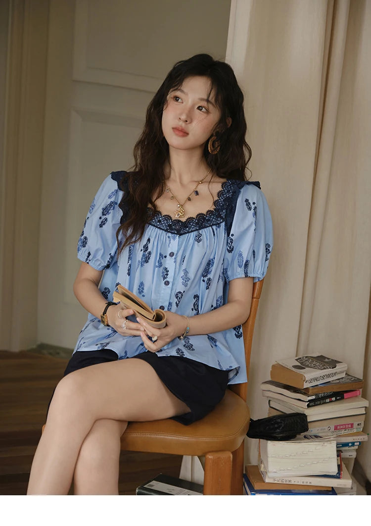 MISHOW Print Cotton Shirt Puff Sleeve Lace Splicing MXE35X1842