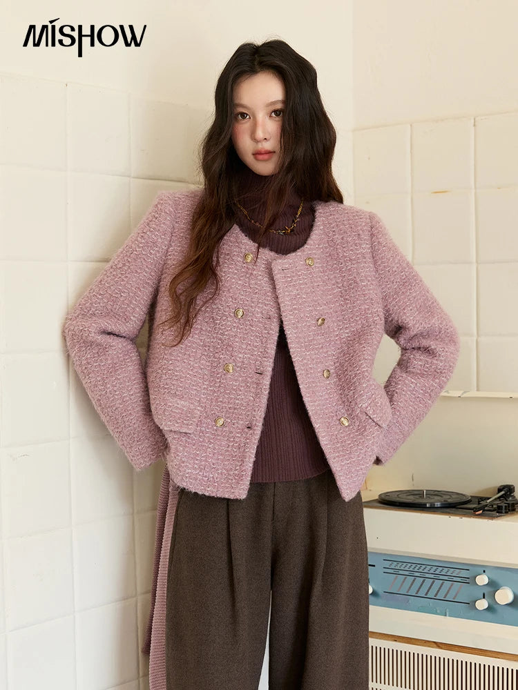 Mishow Purple Double-Breasted Tweed Wool Coat MXE88W0881