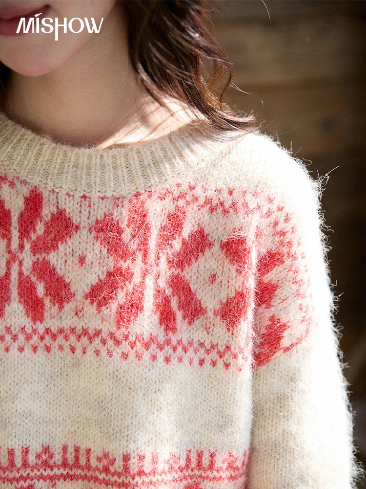 Mishow Christmas Beige White Geometric Jacquard Sweater MXE93Z2938