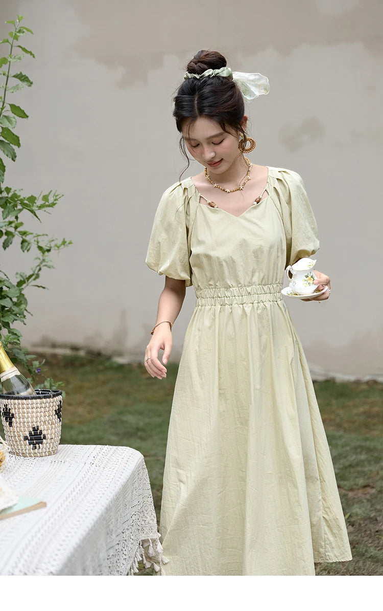 Mishow French V-Neck Bubble Sleeve Back Green Dress MXD22L1825